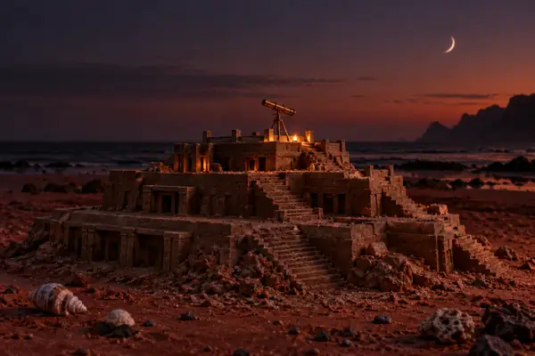 Twilight Sand Ziggurat with Toy Telescope.