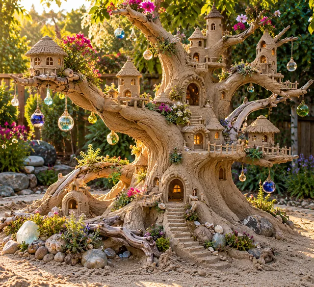 A sand treehouse village with cottages, winding stairs, flowers, and hanging glass ornaments.