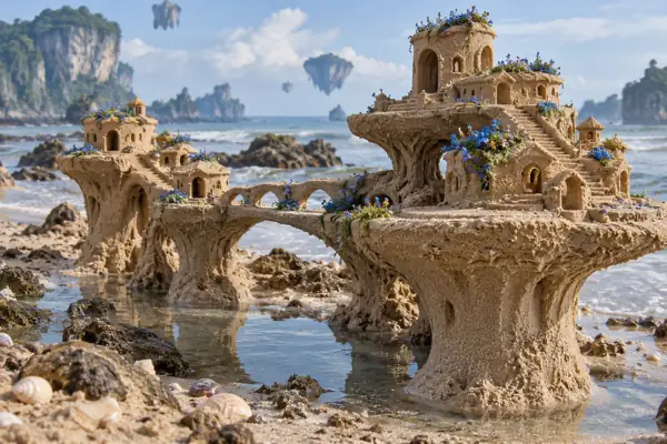 Sand village on mushroom pillars.