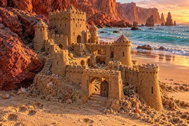 Terracotta sandcastle with round towers beside red coastal cliffs.