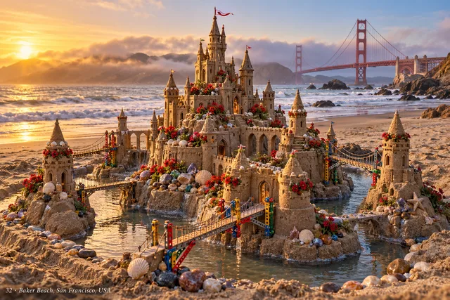A sandcastle kingdom with miniature suspension bridges beneath the distant Golden Gate Bridge.
