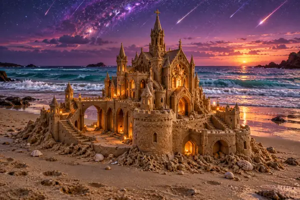 Copper Sandcastle Beneath a Meteor Shower.