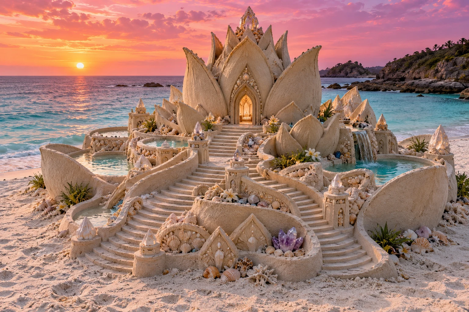 A lotus-shaped sand palace with curved stairs, waterfalls, and turquoise pools at dawn.
