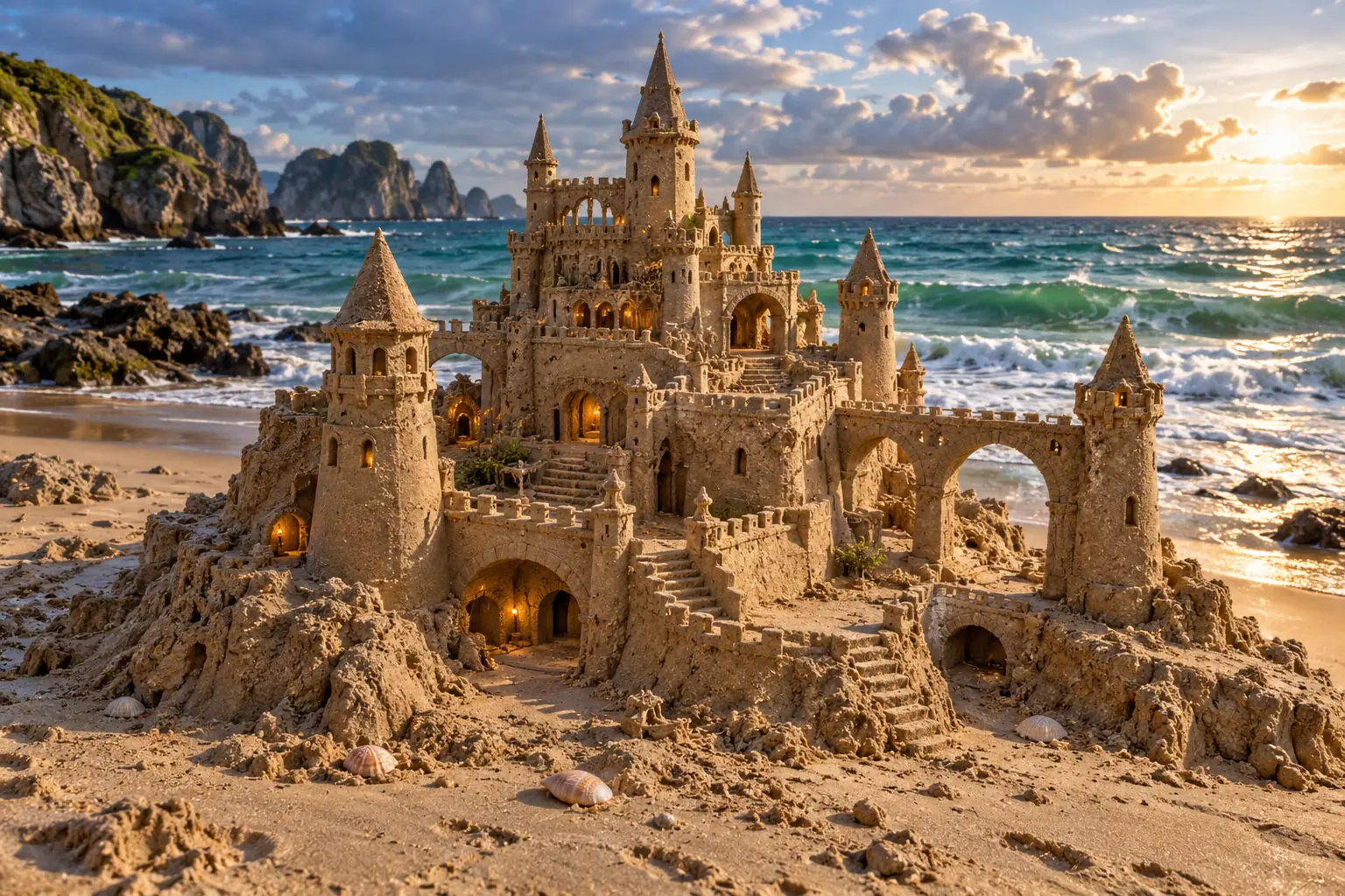 Weathered Sandcastle by the Brilliant Green Sea.