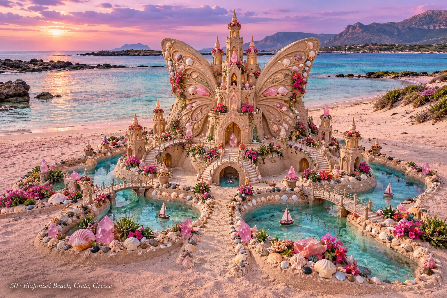 A butterfly-wing sandcastle surrounded by pink flowers and turquoise pools on Elafonissi Beach.