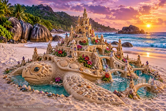 A giant sand turtle carries a flower-covered castle beside the sea at La Digue.