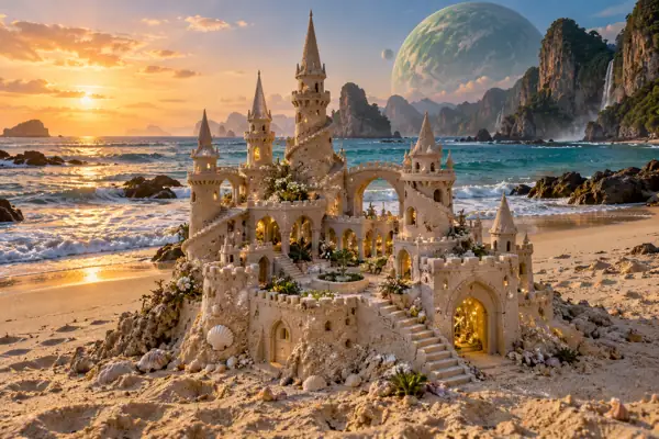 Handmade sandcastle beneath a green planet.