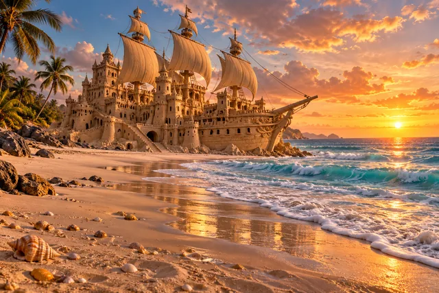 A sandcastle shaped like a pirate galleon with golden sails beside tropical surf at sunset.