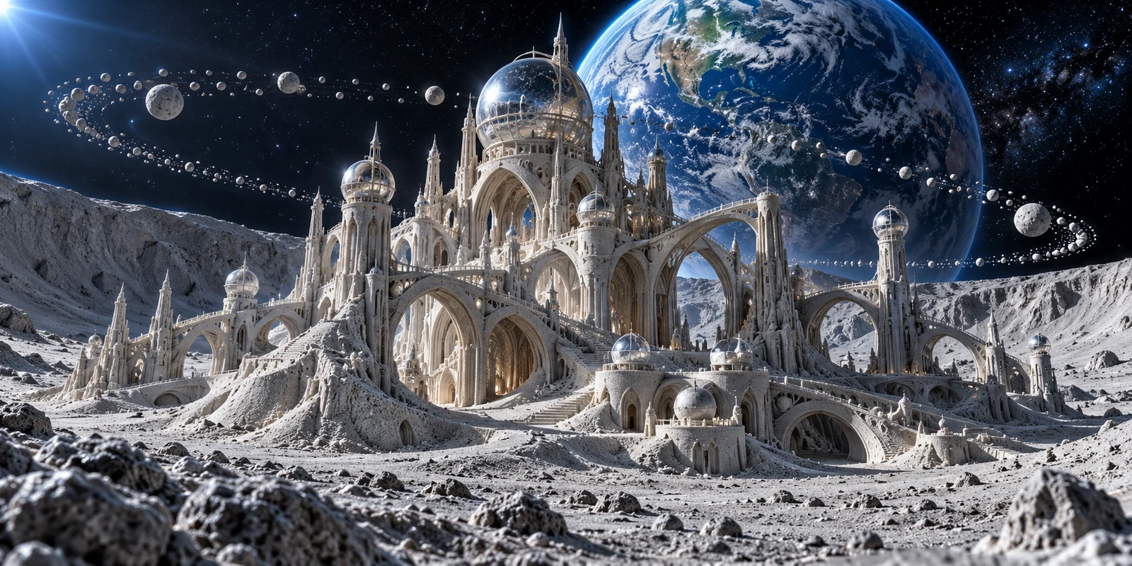 A silver lunar sandcastle observatory stands on a cratered landscape with Earth in the sky.
