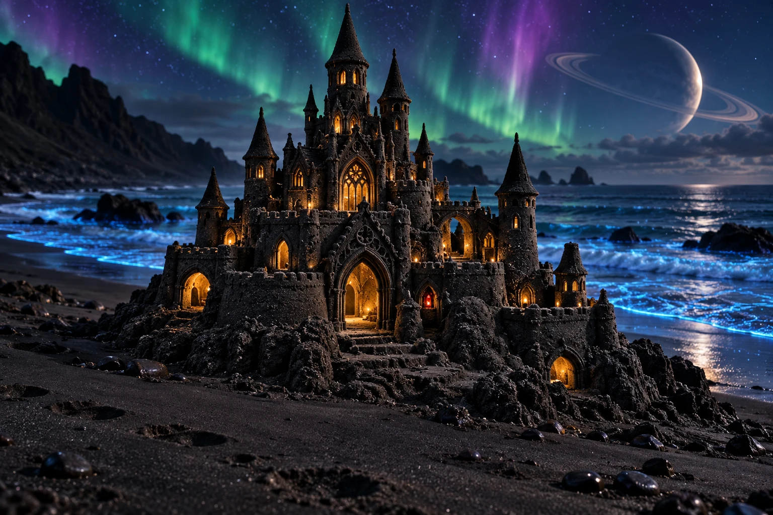 Dark Gothic sandcastle with glowing windows beneath green auroras and a ringed planet.