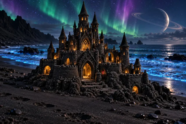 Dark Gothic sandcastle with glowing windows beneath green auroras and a ringed planet.