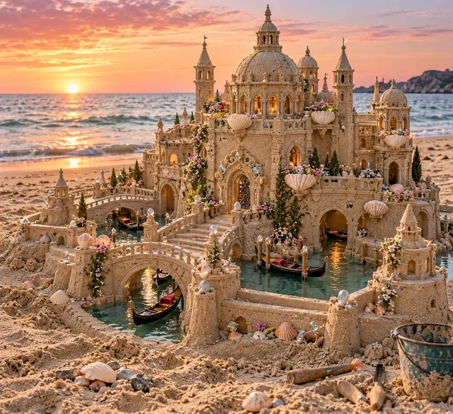 An ornate Venetian-style sand palace with domes, arched waterways, and small boats at sunset.