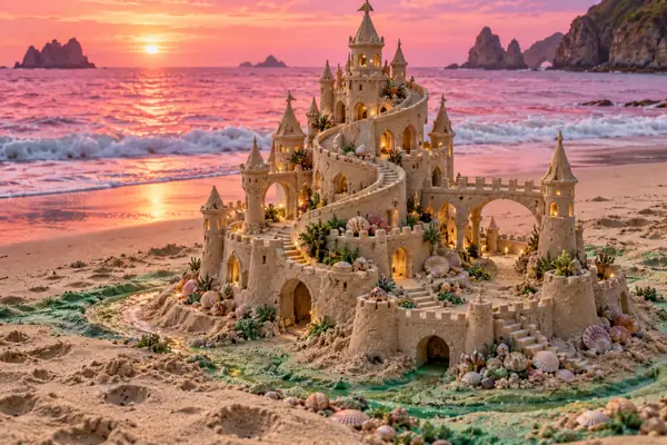 Spiral Sandcastle by a Rose Ocean.