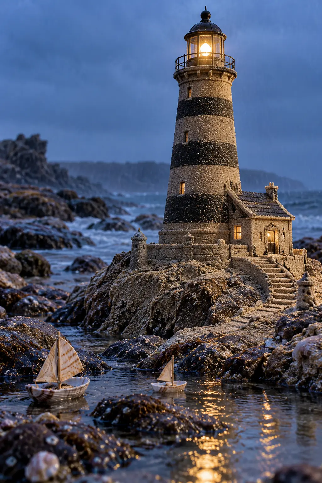Rainy Blue-Hour Striped Sand Lighthouse.