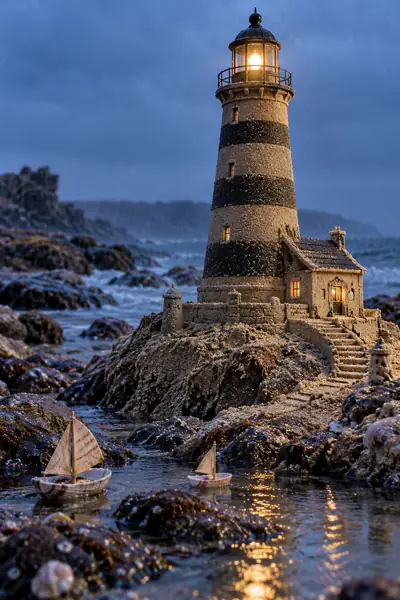 Rainy Blue-Hour Striped Sand Lighthouse.