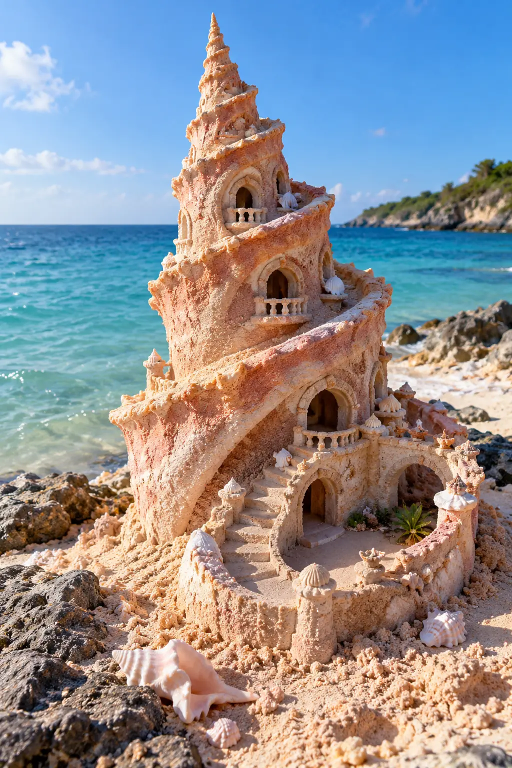 Rose-sand conch tower by Caribbean water.