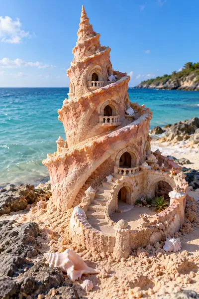 Rose-sand conch tower by Caribbean water.