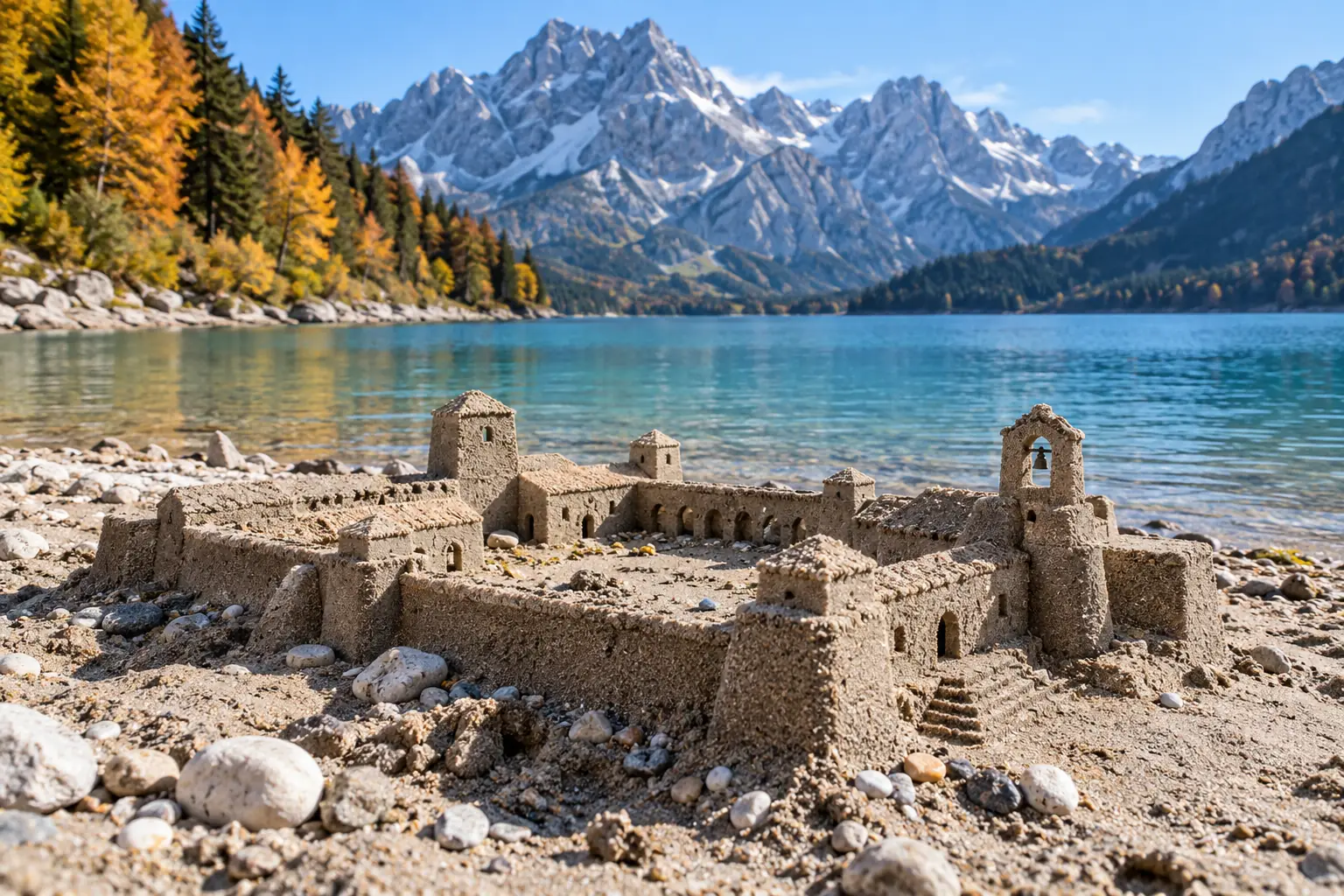 Miniature Sand Monastery by an Alpine Lake.