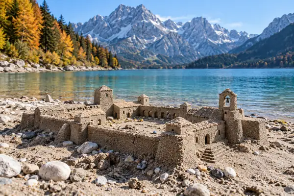 Miniature Sand Monastery by an Alpine Lake.