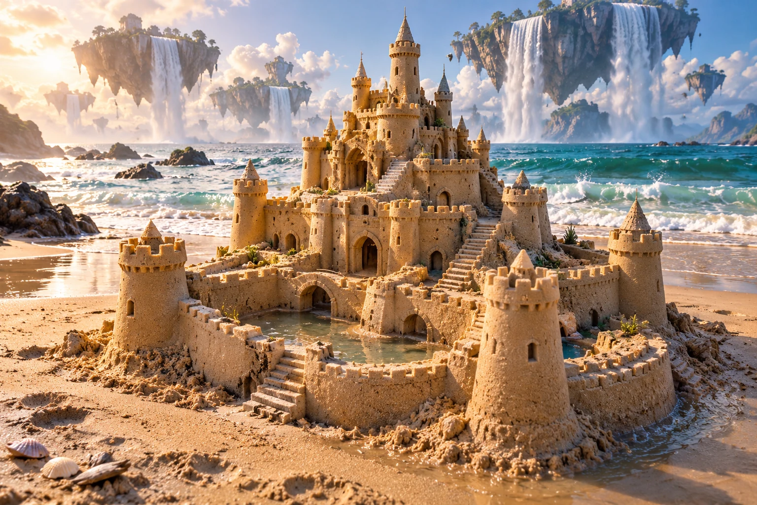 Honey-colored sandcastle with terraces and shallow pools beneath floating waterfall islands.