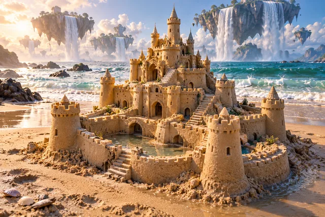 Honey-colored sandcastle with terraces and shallow pools beneath floating waterfall islands.