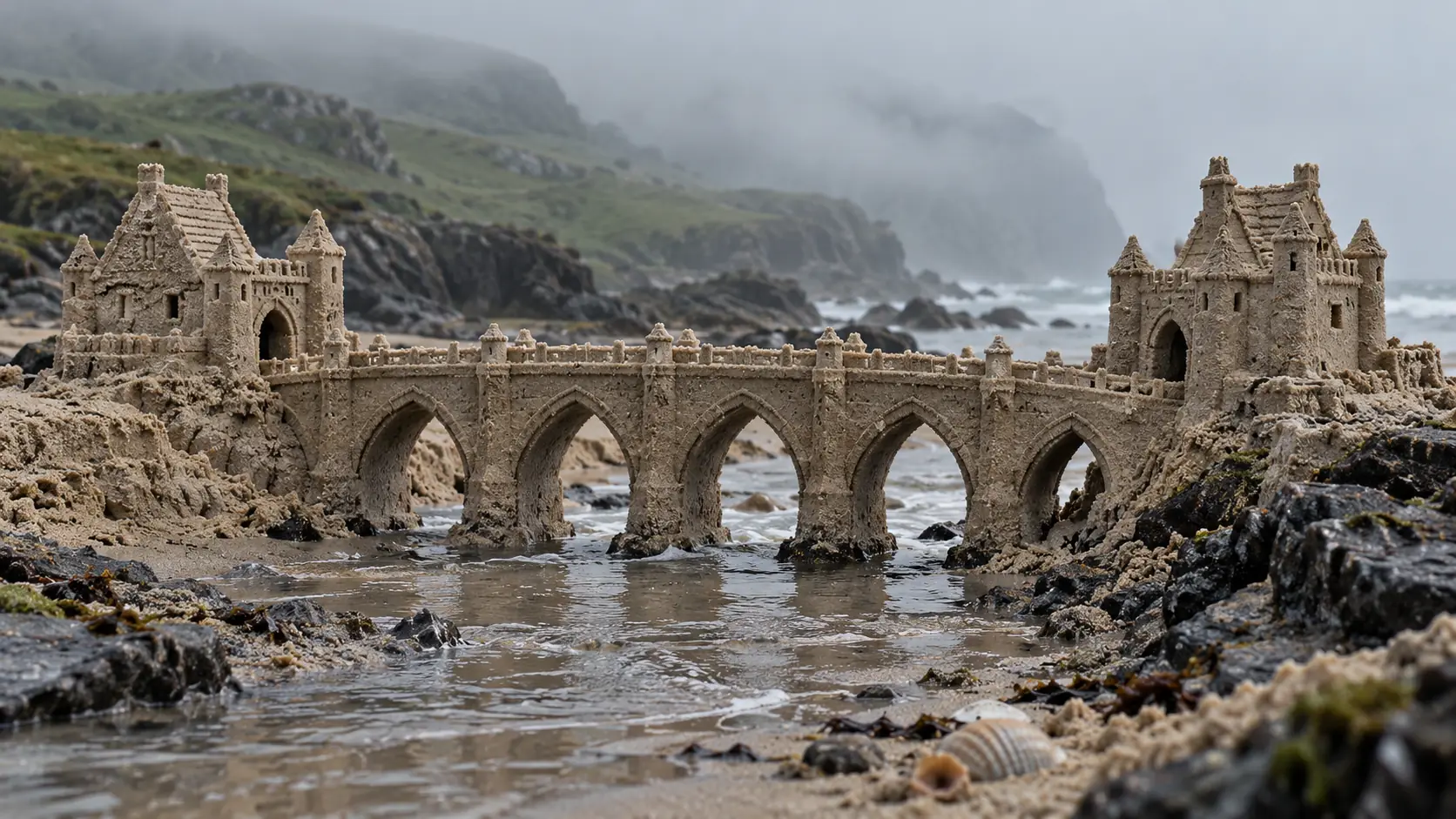 Mistbound Sand Bridge on the Scottish Coast.