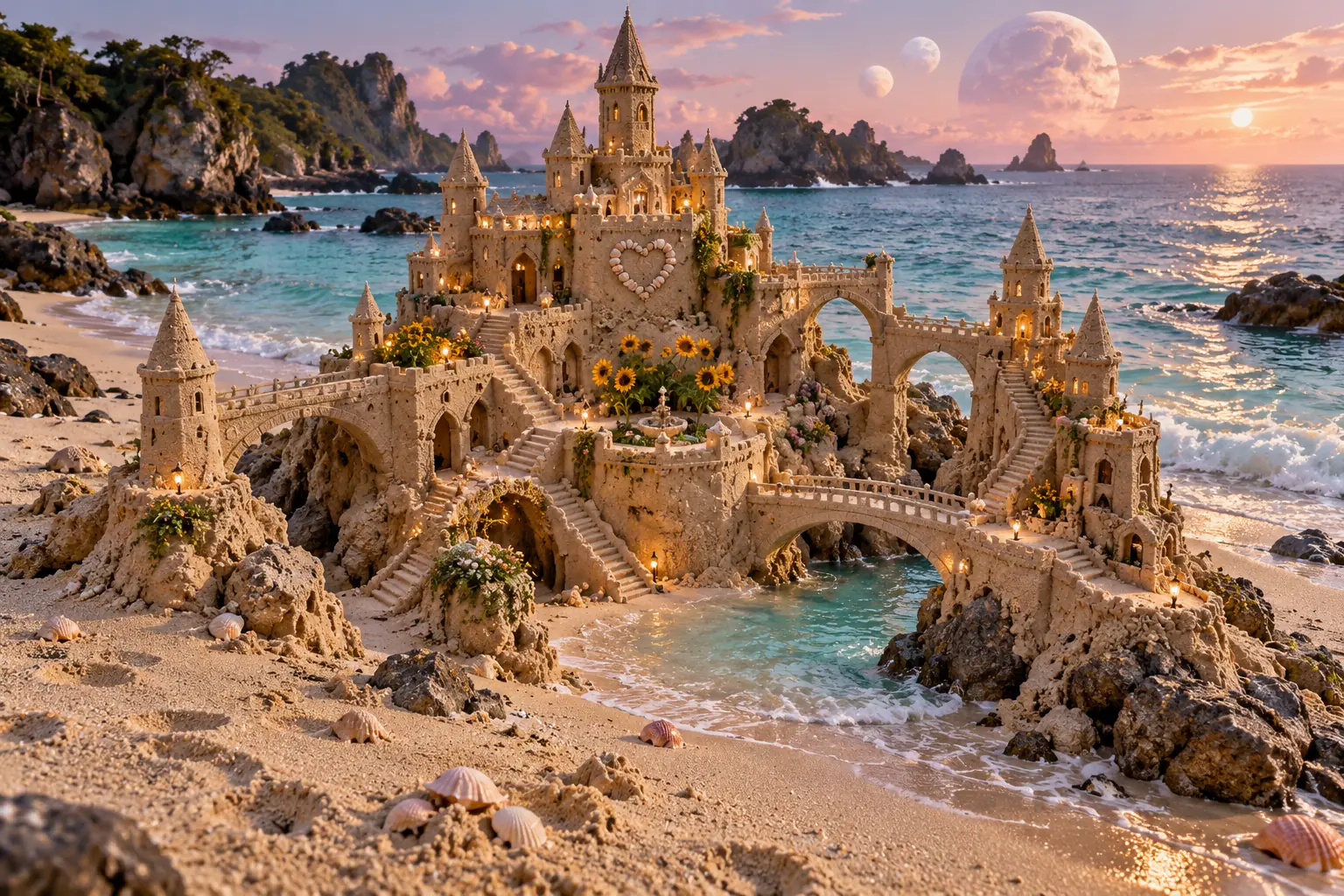 Moonlit Sandcastle in a Turquoise Cove.