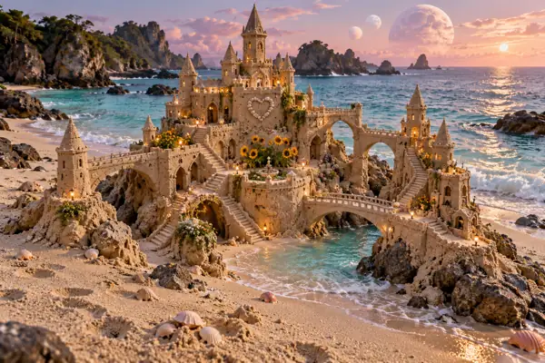 Moonlit Sandcastle in a Turquoise Cove.