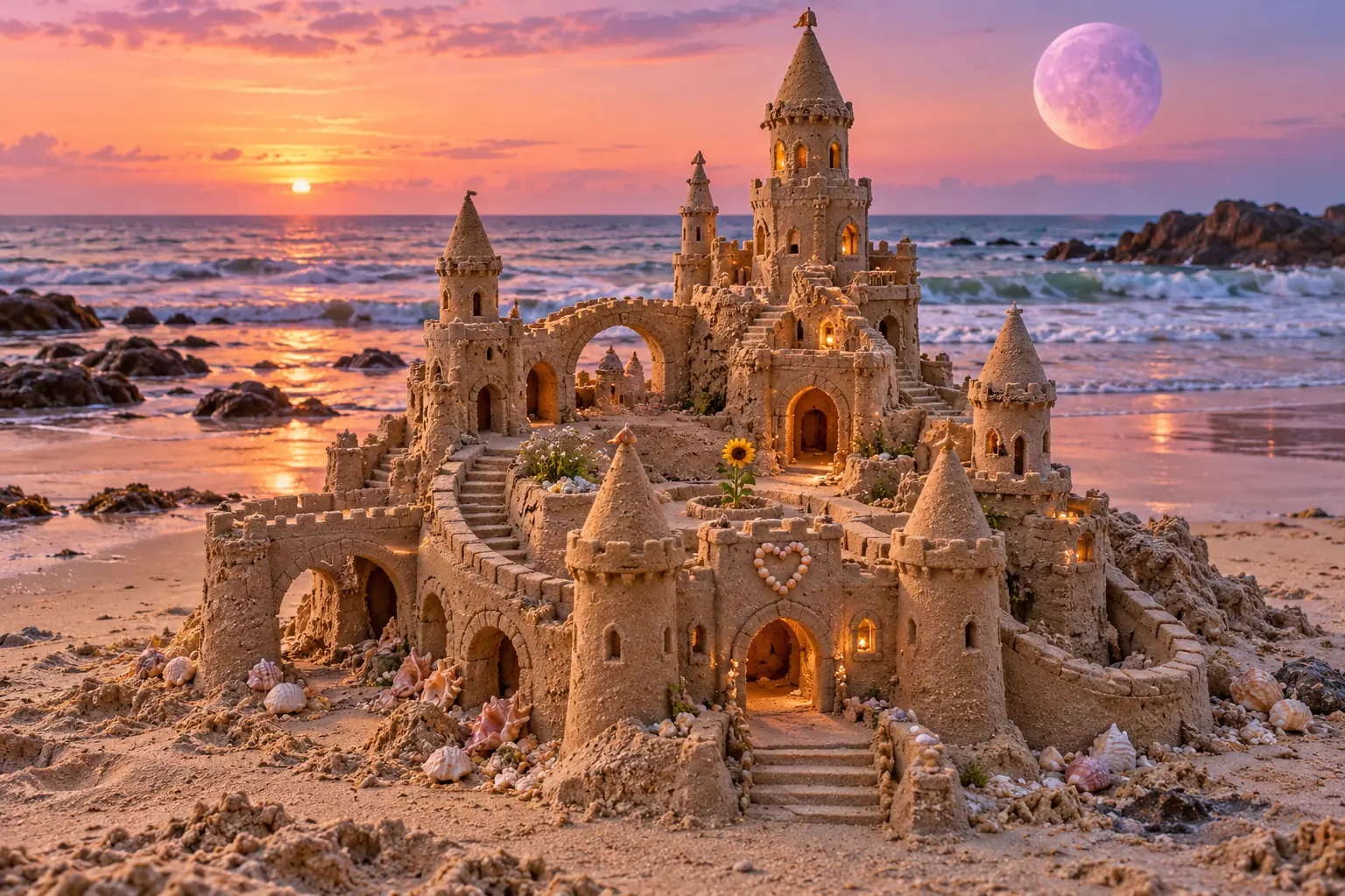 Sunflower courtyard sandcastle under a violet moon.
