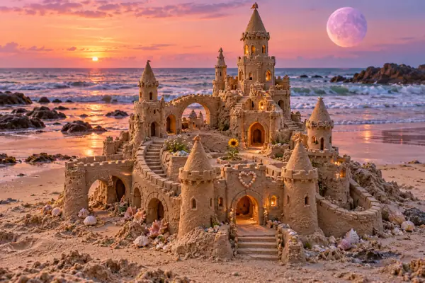Sunflower courtyard sandcastle under a violet moon.