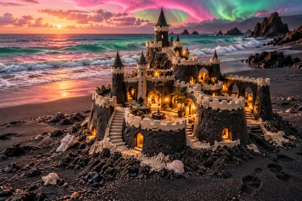 Charcoal Sandcastle Under Pink Aurora.