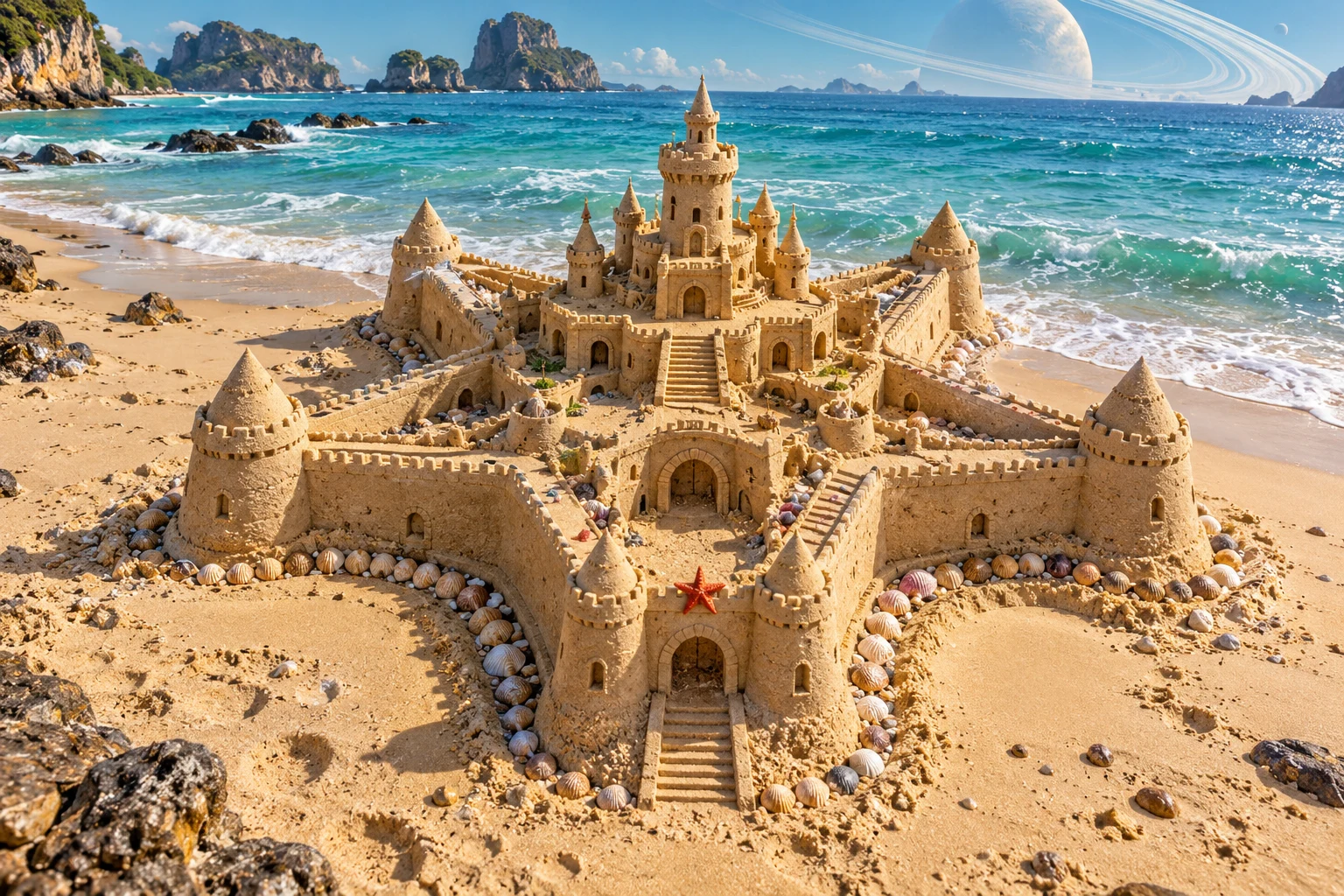 Star-shaped sandcastle edged with shells beneath a luminous ringed planet.