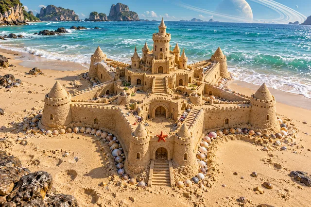 Star-shaped sandcastle edged with shells beneath a luminous ringed planet.
