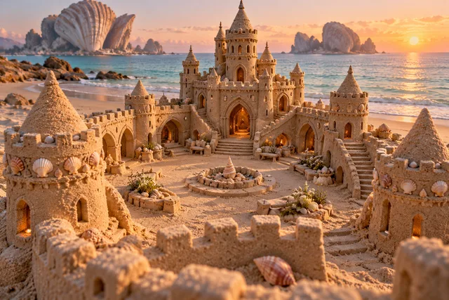 Shell-decorated sandcastle courtyard beside a lagoon and shell-shaped islands.