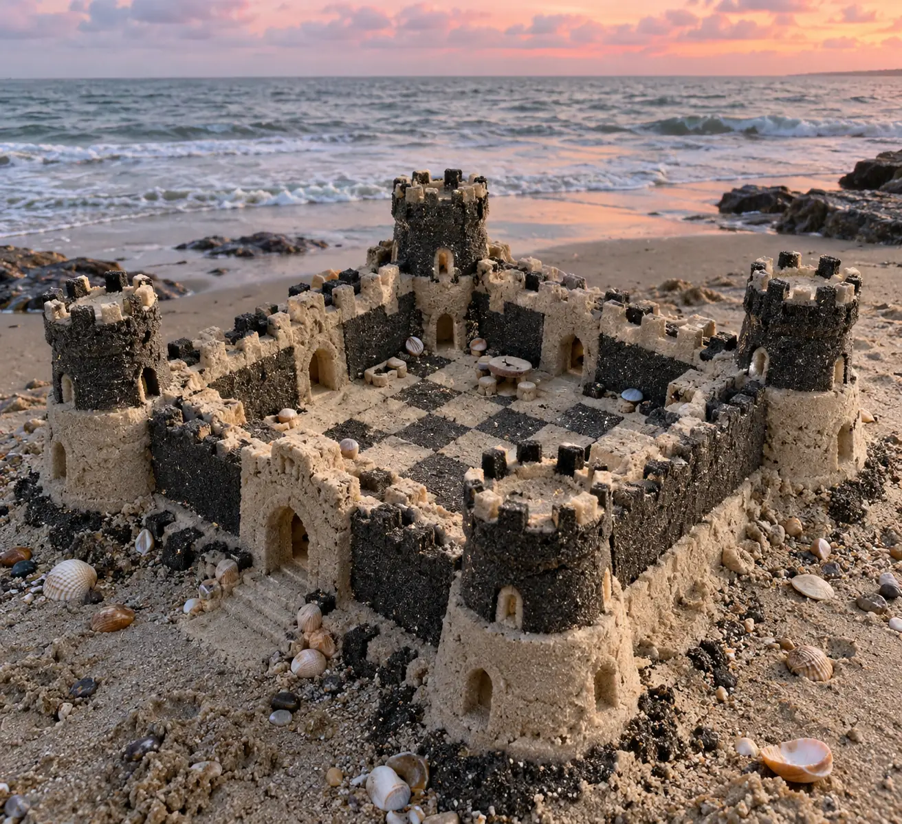 Black-and-ivory checkerboard sand fort.