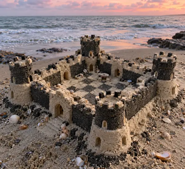 Black-and-ivory checkerboard sand fort.