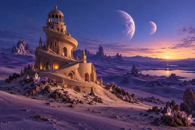 A spiral sand observatory with illuminated arches beneath two moons over violet dunes.