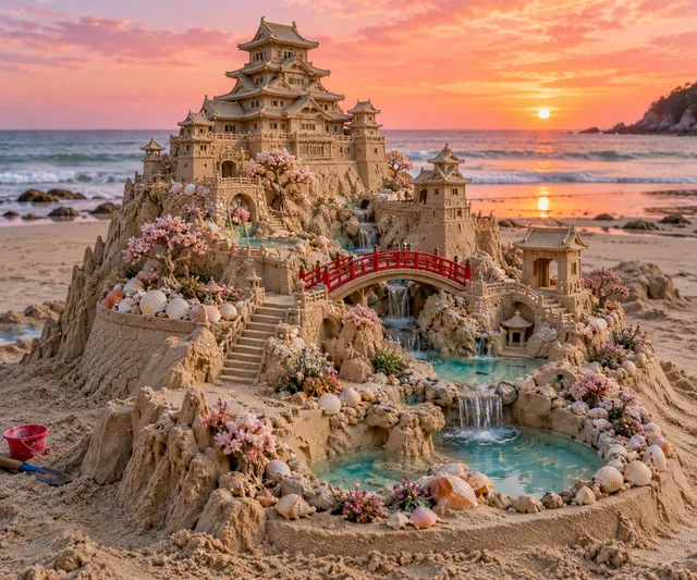 A Japanese-style sand palace with a red bridge, tiered roofs, and flower-lined pools at sunset.