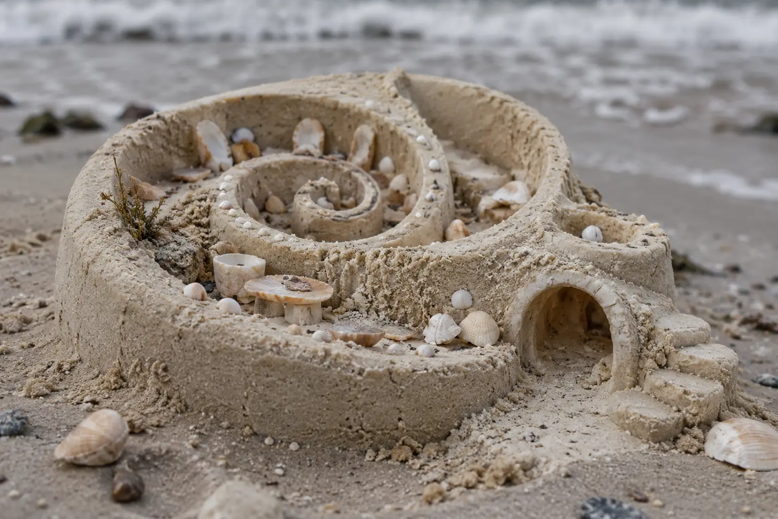 Nautilus Sand Home on an Overcast Shore.