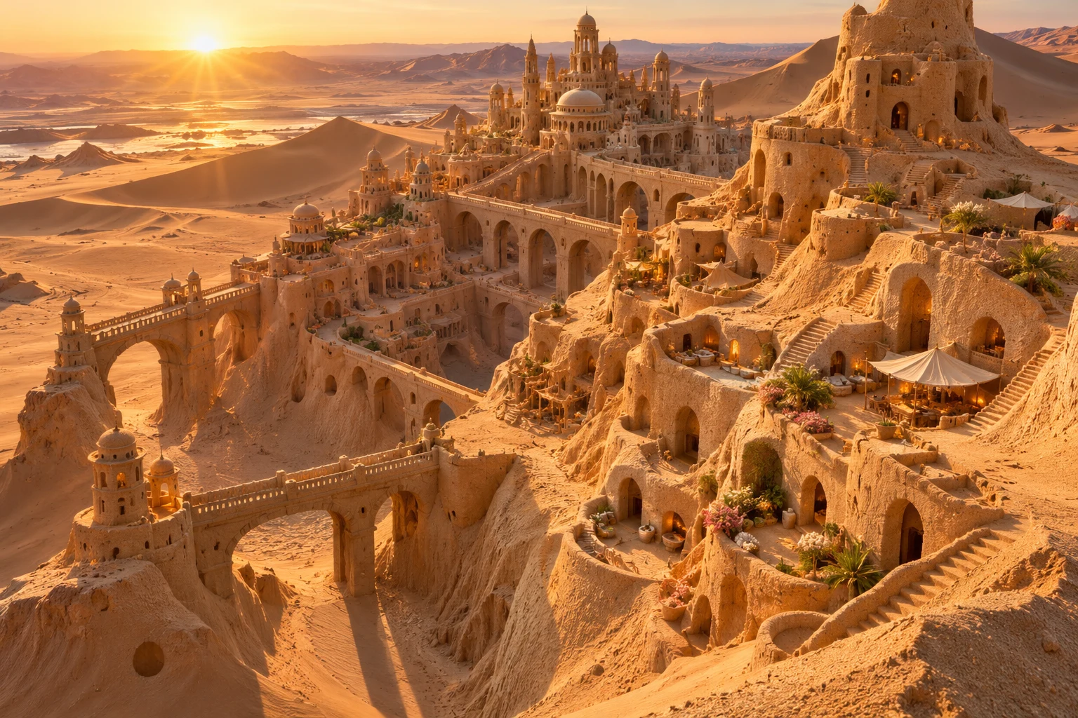 A terraced sand city with domes, high bridges, and recessed rooms above golden dunes.