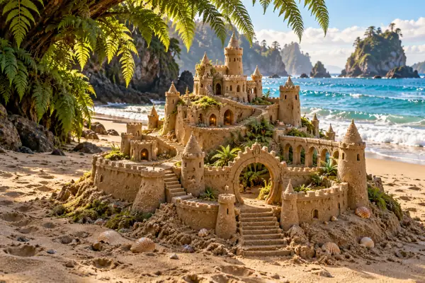 Handcrafted Sandcastle Beneath Giant Coastal Ferns.