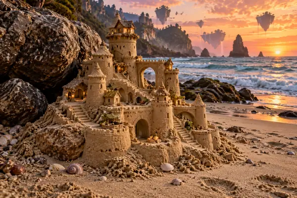 Miniature Sandcastle Beneath Floating Islands.