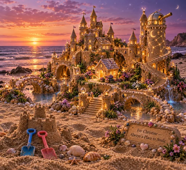 An illuminated golden sandcastle with flowers, a telescope, beach toys, and a friendship dedication at sunset.