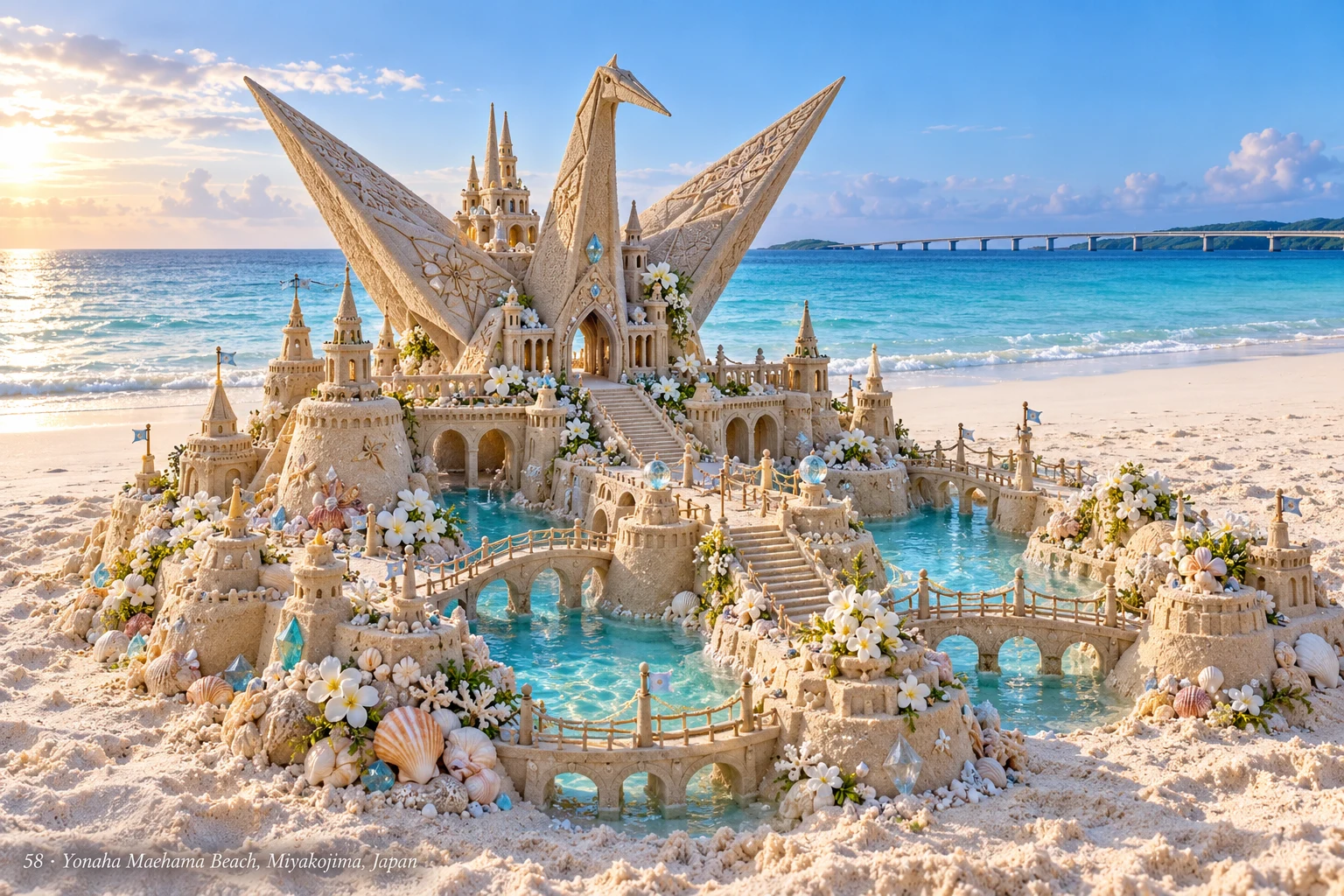 An origami-crane-shaped sand palace with white flowers, crystal ornaments and turquoise pools beside the sea.