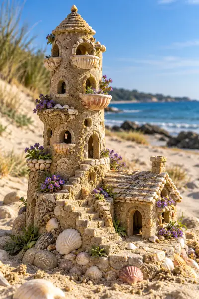 Scallop-Balcony Sand Tower by the Ocean.