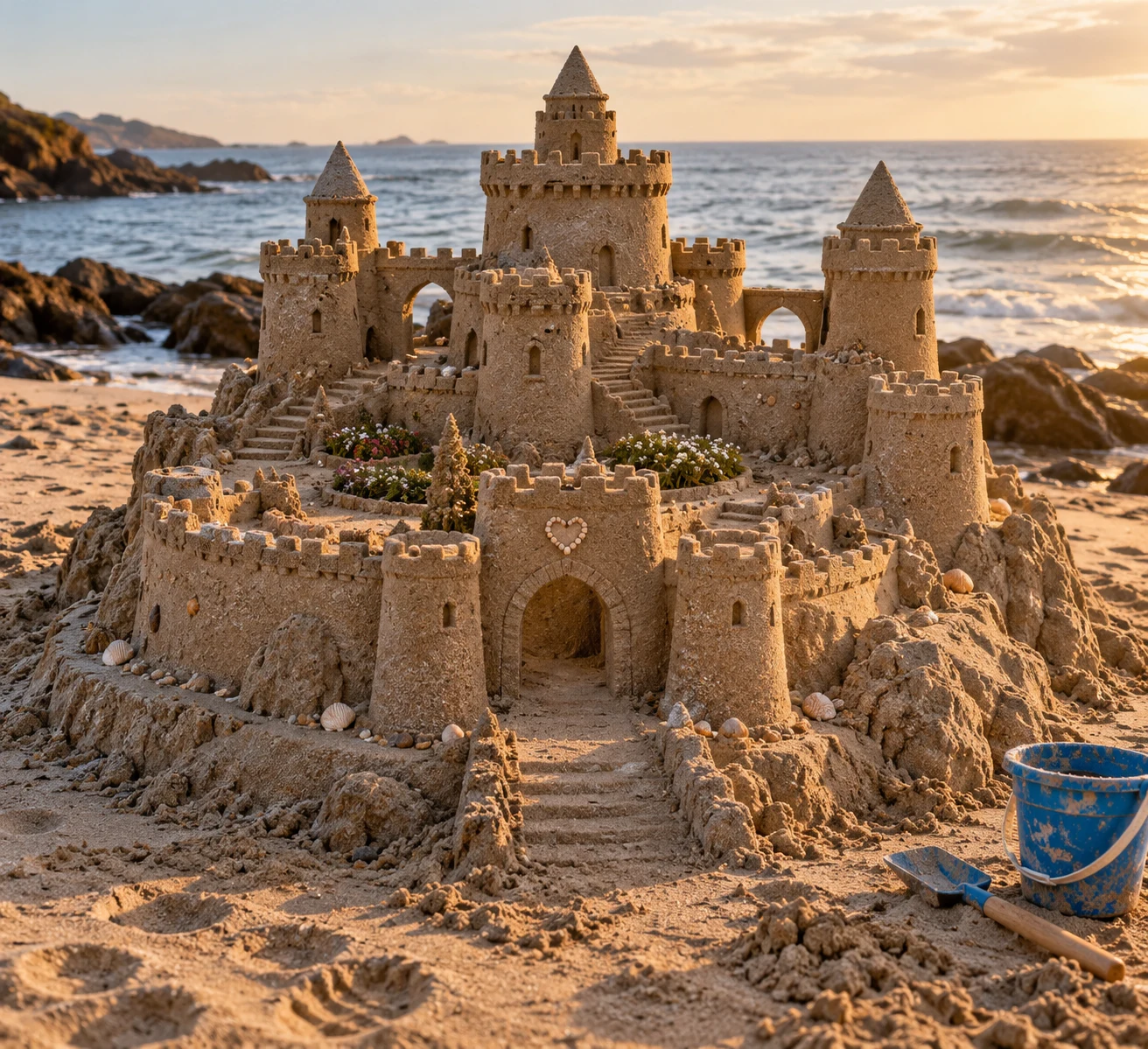 A sandcastle with a shell heart above its gateway and flower-lined terraces.