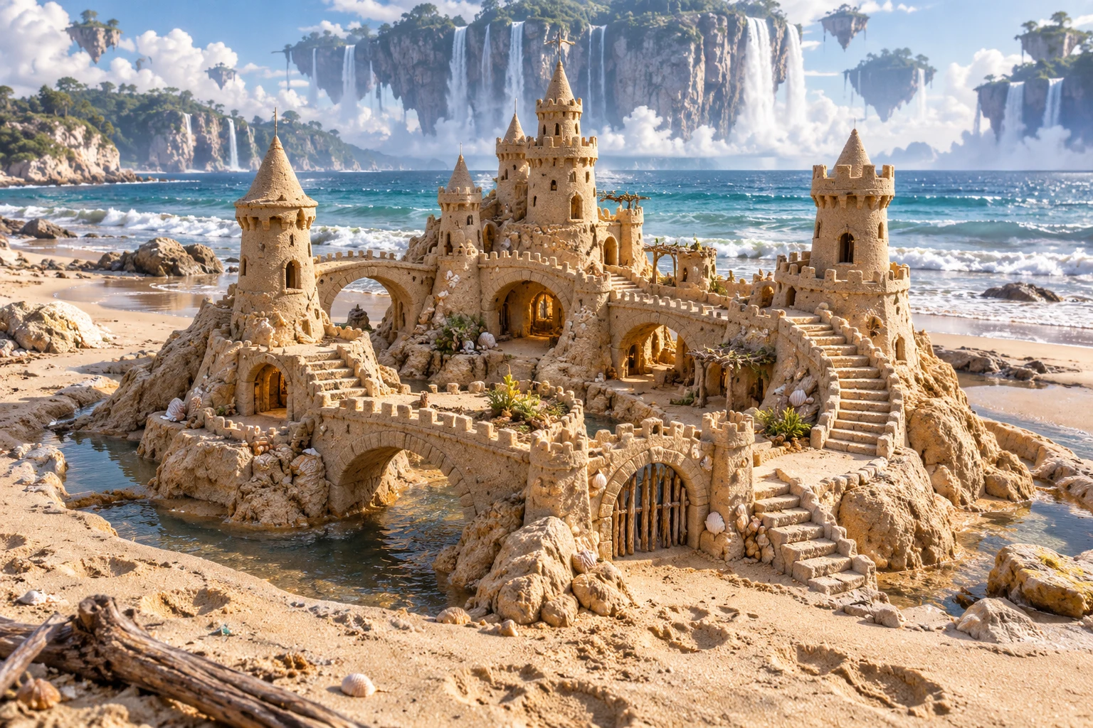 Five-towered sandcastle with arched bridges beneath floating islands and waterfalls.
