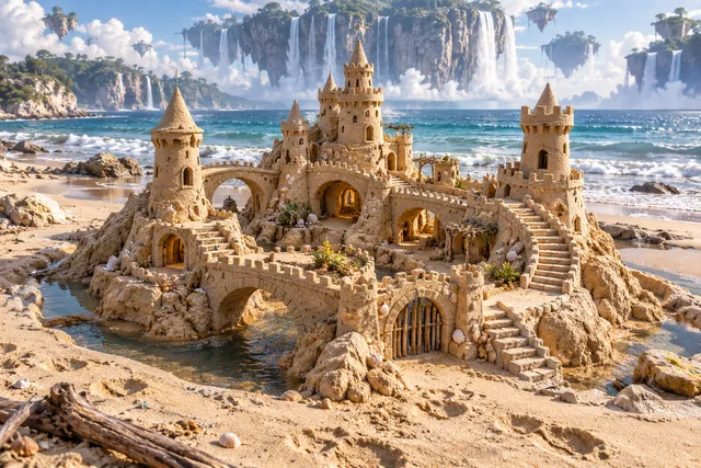 Five-towered sandcastle with arched bridges beneath floating islands and waterfalls.