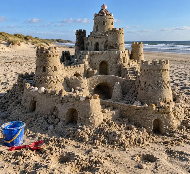 A sandcastle crowned with seashells and connected by arched bridges.