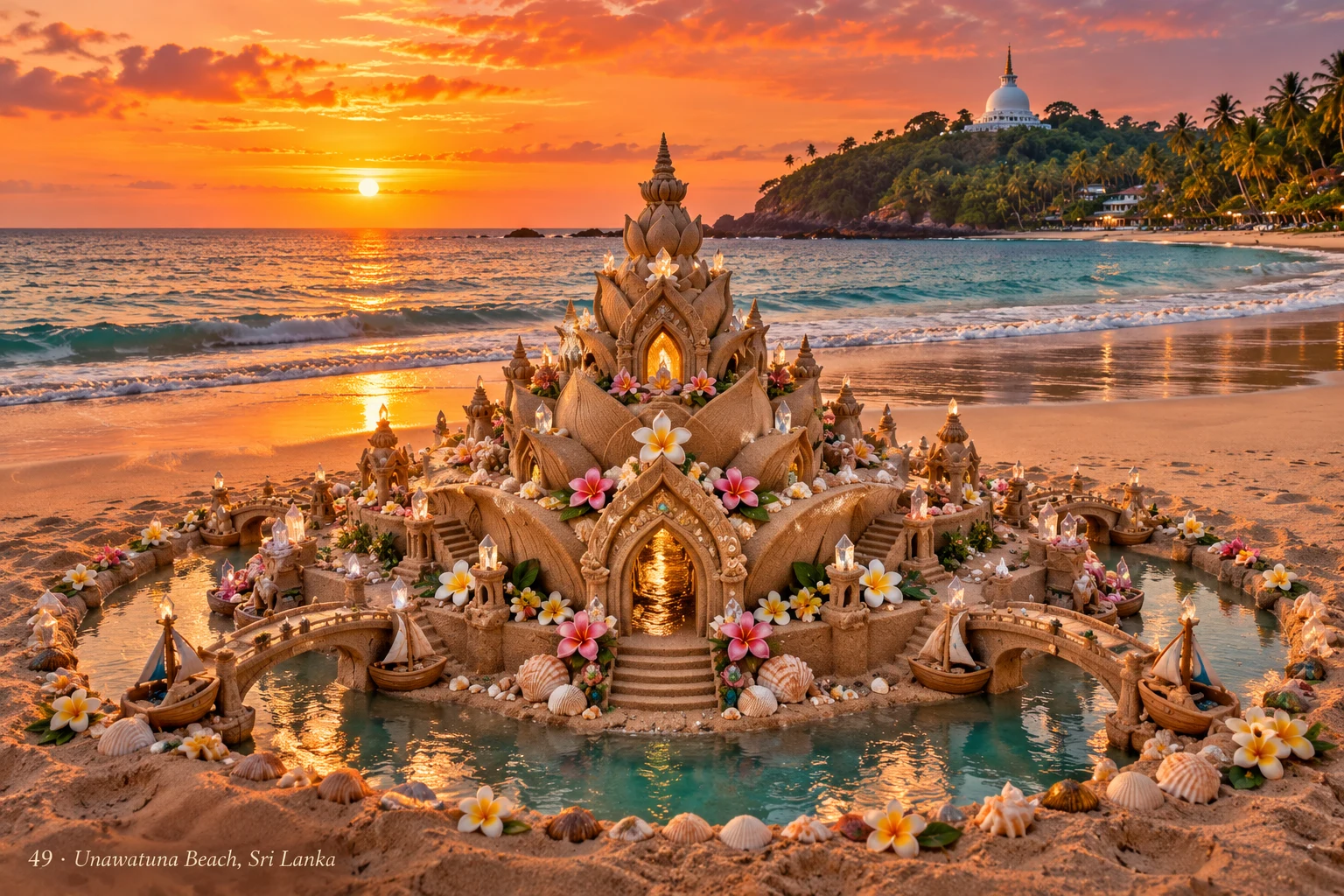 A lotus-shaped sand palace decorated with flowers and pools on Unawatuna Beach at sunset.